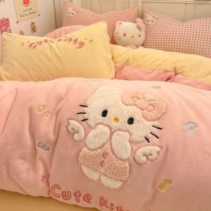 Thickened Coral Fleece Bedding Set KT Cat Milk Velvet Childrens Three-Piece Set Girls Heart Winter Quilt Cover Sheet Duvet