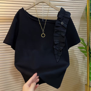 เสื้อยืดแขนสั้นทรงสลิมฟิตสำหรับผู้หญิง ดีไซน์เก๋ไก๋ คอลเลกชันฤดูร้อน 2025 เสื้อเชิ้ตคอตตอนสไตล์เกาหลี ทรงหลวม สไตล์ทำงาน