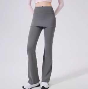 Fake two high waisted slightly flared pants with hip covering skirt for womens running dance training Pilates sports pants