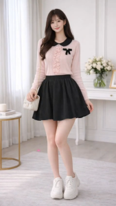 Sweet Preppy Pink Knit Top + Black Skort Set | Korean Style Ruffle Collar Outfit | Free Size WTB02
