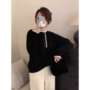Autumn Fashion Lace Insertion Semi-high Collar Knitted Sweater