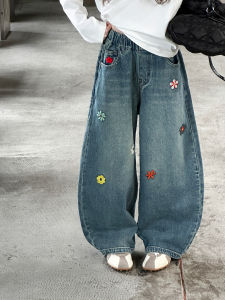 MPW | Girls Embroidered Straight Leg Jeans Loose Fit Fashionable Spring Autumn Korean Style Childrens Clothing MPW Brand Elastic Waist