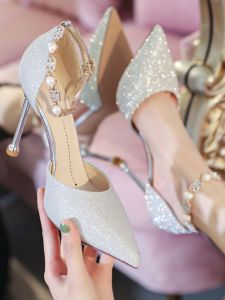 Womens High Heel Sandals Summer Outdoor Wear Thin Heel Pointed Toe Slip-On Fashionable Korean Style Low Cut Super Fiber Leather