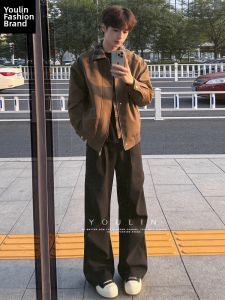 YOULIN | Brown Two-Piece Look Plaid Spliced Mens Jacket