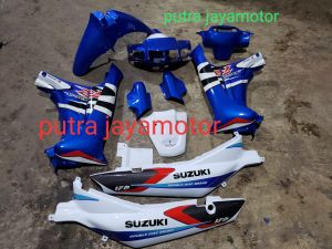 cover body bodi fulset satria R 2tak satria lumba warna biru putih set stiker