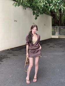 Women French Style Satin Beige Loose Shirt