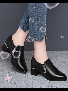 Korean womens pointed-toe high heel leather shoes with pendant side zipper leather shoes