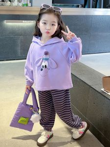 Spring Casual Striped Childrens Set Girls 3D Cartoon Two-Piece Suit Hoodie Pants Cotton Polyester Blend Comfortable Breathable