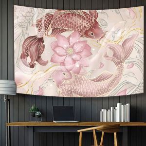 Tấm Thảm Treo Tường Phong Cách Trung Quốc VIKAMA Koi Và Hoa Sen Trang Trí Phòng Khách Phòng Trà Lấy Cảm Hứng Từ Thiền Chất Liệu Vải Polyester Không Dệt