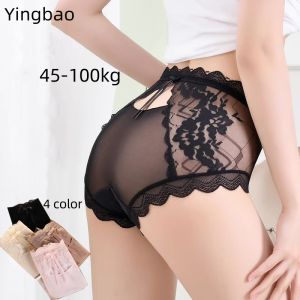 Yingbao ชุดชั้นในเอวสูงสำหรับผู้หญิงระบายอากาศได้ดีกางเกงในคลุมทุกส่วนของแบบโพรงกลวงโปร่งใสยืดเซ็กซี่ตาข่าย