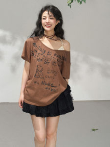 KEIKO | Vintage Brown Print Off-Shoulder Loose T-Shirt