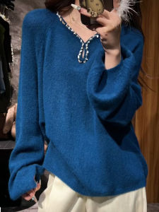 SUOXIMENG | Blue V-neck Knitted Top Womens Fashion Elegant Style Midi Length Pearl Embellished Regular Fit Autumn New Arrival French Vintage