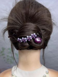 2025 New Purple Flower Pearl Twist Hairpin Womens Elegant Back of Head Lazy Bun Hair Clip One-Word Hairpin Hke466