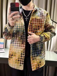Classic Style Gradient Houndstooth Shirt Mens Long Sleeves Jacquard Outwear Fancy Trendy Handsome Loose Plaid Shirt