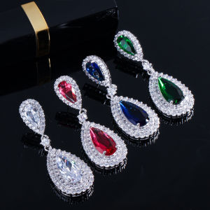 SEQUITO High Quality Ladies Jewelry Silver Color Full Micro Pave AAA Cubic Zircon Setting Blue Waterdrop Cut Stone Long Drop Earrings Anniversary Gift SE812