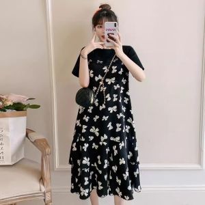 Summer Thin Floral Long Dress Womens Loose plus Size Conceal Belly Fake Two-Piece Dress Commute Style Short Sleeve round Neck
