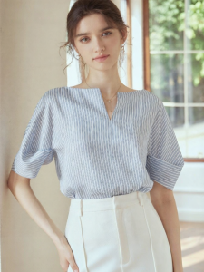 Roey s house | Professional Commuting Striped V-Neck Lantern Sleeve Shirt