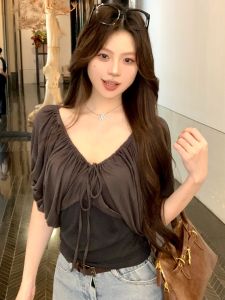 GUZILIAN | Korean Style V-Neck Pleated Short Sleeve T-Shirt Women Summer Unique Loose Slimming Belted Top Fashionable Commute Style