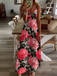 Printed Design Four Seasons casual style Pink Peony Floral Print Dress V-neck sling dress
