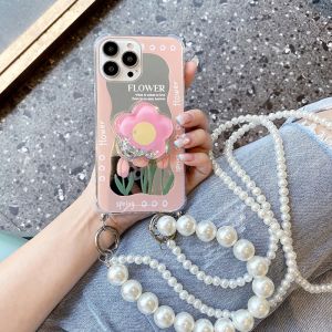 Mirror Huawei Mate50/P40 Phone Case Honor 60 Womens Vivox90 with Pearl Opporeno9/8 Lanyard Xiaomi Redmi K60 Silicone OnePlus Ace Cover Samsung Crossbody