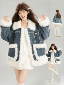 KEIKO | Áo Khoác Jean Lông Cừu Giả Nỉ Retro Dày