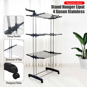 Stand Hanger Roda Jemuran Baju 4 Susun Pakaian Anak Bayi Stainless Steel Kuat Kokoh Anti Karat - B03A