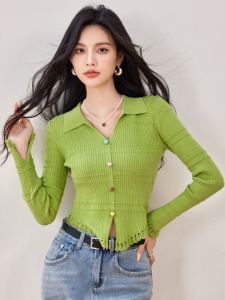 Áo Len Dệt Kim Ôm Vừa Vặn Cổ Bẻ Dài Tay Màu Xanh Lá Cây Cho Nữ Mùa Thu 2024 Áo Khoác Ngoài Đơn Giản Thoải Mái Thường Ngày