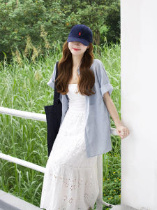 YUEZHONGWEI | French Polo Neck Blue Short Sleeve Sun Protection Shirt Jacket Women Summer Thin Loose Collar Shirt Top Breathable Casual Outerwear