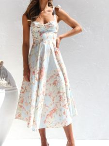 Sweet Summer New Arrival Small Floral Print Slimming Waist A-Line Mini Dress with Shoelace Element for Women