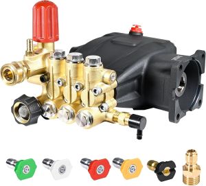 TOOLCY Pressure Washer Pump 3400 PSI Max 3.0 GPM 3/4 inch Shaft Horizontal Triplex Plunger Pump Replacement Direct Drive with Unloader 5 Nozzle Tips 3/8" QC to M22-14mm Adapter