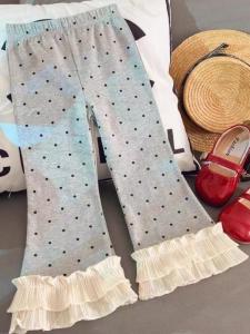 Korean Style Girls Pants 2025 Autumn New Polka Dot Lace Hem Casual Long Trousers for Young Girls Cotton 100% Comfortable Fit