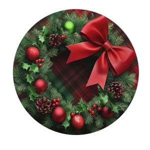 VIKAMA Santa Claus Reindeer Poinsettia Round Placemat Gilded Border Red Suit Deer Blossom Ball Flake Xmas Table Mat Retro Style