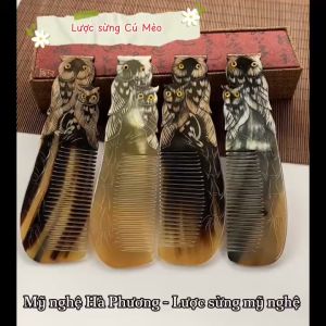 Lược sừng chạm chim Cú mèo dễ thương 2 mặt (Size: M-18cm) - Mỹ nghệ Hà Phương quà tặng Thủ công mỹ nghệ