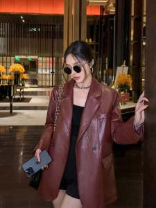 Loose Womens PU Leather Suit Jacket Hong Kong Style Spring Autumn New Arrival Red Angora Retro Street Fashion Top