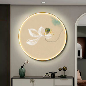 New Chinese Style Zen Lotus round Entrance Lighting Painting LED Atmosphere Light Sofa Background Wall Decorative Artwork