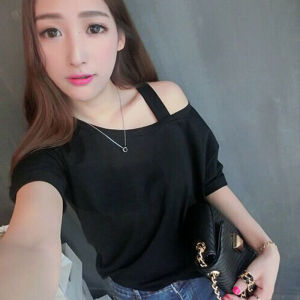 Summer Pure Color Short-Sleeved T-shirt for Women 2018 New Arrival Plus Size Womens Clothing Oblique Shoulder Strap Loose Tops Easiest for Match Casual