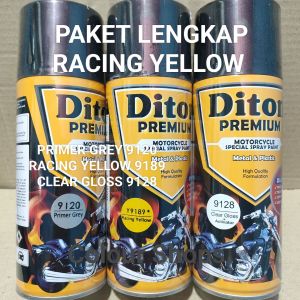 Pilok Cat Diton Premium Paket Lengkap 3 Kaleng Racing Yellow 9189 Kuning Racing Primer Grey 9120 Clear Gloss 9128 400cc Pilox Paketan Cat Semprot Special Spray Paint