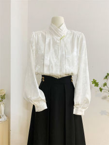 Elegant Stand Collar Silk Satin Floral Embroidery Womens Shirt Korean Style Long Sleeve Loose Fit Office Commute Top