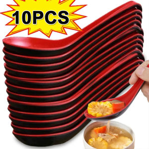 10Pcs Soup Spoons Red Black Long Handled Spoon Japanese Rice Porridge Spoon Restaurant Kitchen Tableware Cutlery
