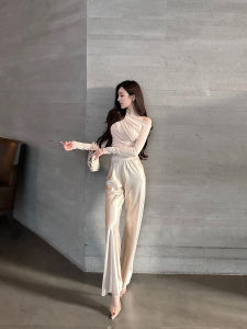 High Waist Loose Fit Acetate Satin Wide Leg Pants Womens Premium Style Three Colors Straight Cut Long Trousers Commute Korean Fashion