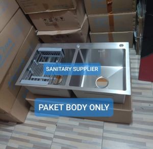 KITCHEN SINK 8245 STAINLESS LENGKAP KRAN JKM/KITCHEN SET MODEL ONAN 8245 STAINLESS KRAN TARIK/KRAN FLEXIBLE/KRAN PANTRY/WASTAFEL TEMPAT CUCI PIRING 2 BAK