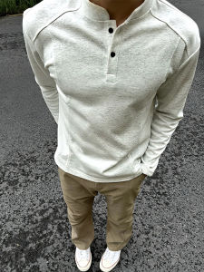 White Grey Deconstructed Plaid Stand Collar Long Sleeve Polo Neck T-Shirt Mens Autumn American Retro Shoulder Fit Cotton Sweatshirt