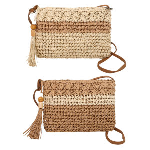 【New Arrival】 Women Hollowed-Out Braid Bag with Tassel Hand Woven Sling Bag Wear Resist Wooden Bead Tote Bag Credit Card Phone Bag