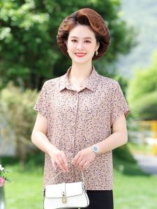 Summer 2024 Pure Cotton Printed Casual Shirt Womens Slim Fit Short Sleeve Breathable Top Fashionable Moms Style Commute Wear