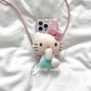 Ins Style Cute Cat Plush Mobile Phone Case with Crossbody Strap Simple Soft Adorable Girl Heart  16 pro Max Shell Cover