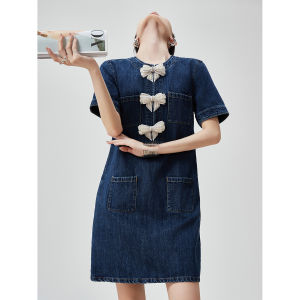 XIAODADEHUA | Glittering Bow Accent Denim Dress A-Line