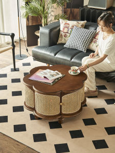 French Style Retro Rattan Tea Table Small Apartment For Home Chinese Style Small Tea Table Ash Wood Accessible Luxury Living Room round round Tea Table