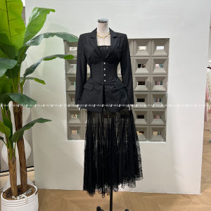 Party Lace Strapless Bralette Fishbone Lace Long Half Skirt Thin Waistcoat Set V-Neck Sleeveless Fashionable Spring Ensemble