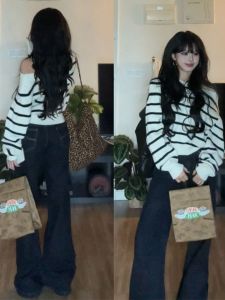 BINKAFENNY | Shoulder Bared Short Knitted Sweater Womens Style Inner Wear Casual Straight Cut Long Sleeve One Piece Korean Fashion Autumn Winter