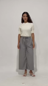 MINEOLA Tie Belt Straight Cut Wide Leg Cotton Pants (Celana Kulot Wanita Kekinian Korean Style)
